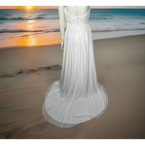 White Wedding Dress Sleeveless Halter Gown Embellished Bead Train V Neck Small 6 - Picture 3 of 6